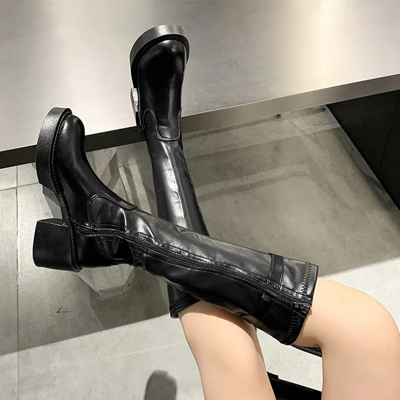 Women's Fashion Thigh High Long Boots Solid Square Heels Ladies Shoes Autumn Winter Soft Leather Zip Female Knee High Boots 2021