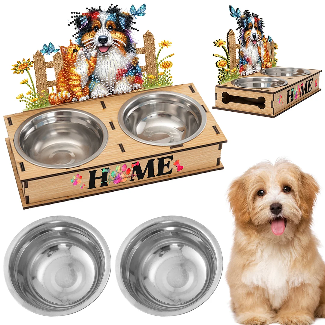 Diamond Painting Food Bowl with Wood Stand Diamond Art Dog Bowl for Small Dogs