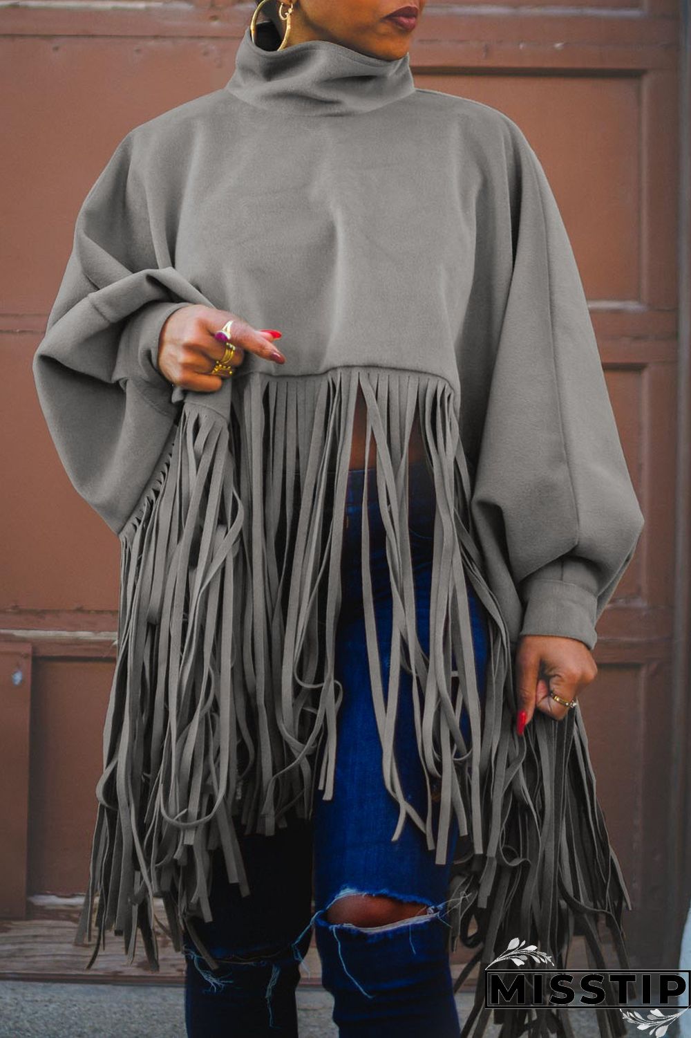 Burgundy Fashion Vintage Solid Tassel Turtleneck Plus Size Overcoat