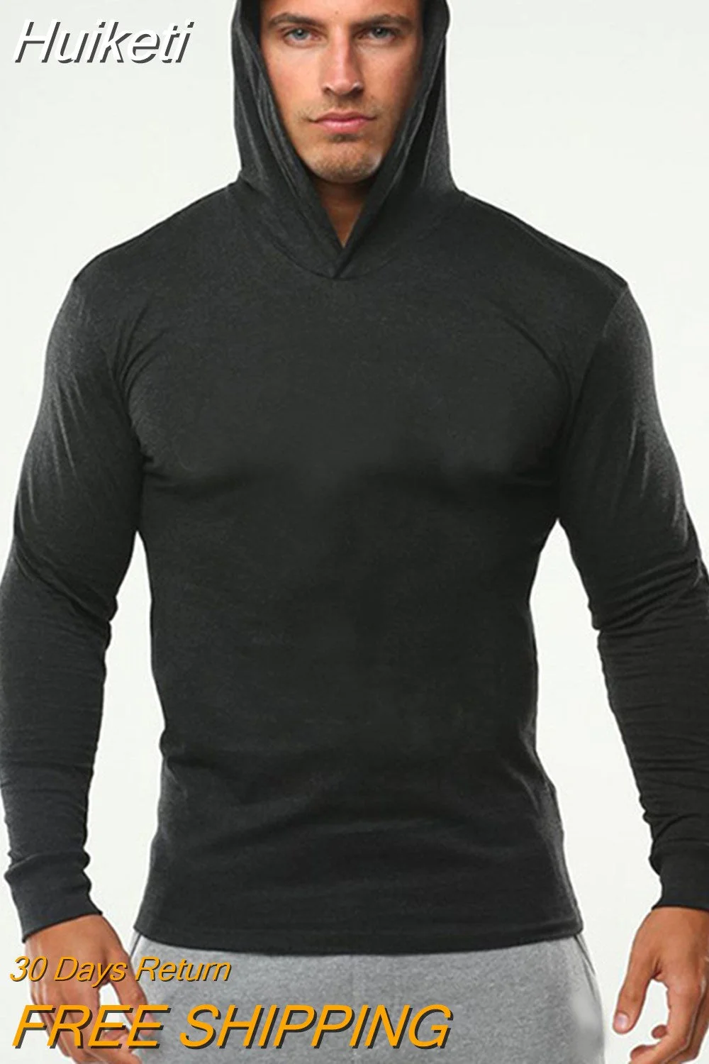 Huiketi Long Sleeve Shirts Fitness Hoodies Quick Dry Pullover Solid Mens Hooded Clothing Black Sweatshirt Men's Clothing