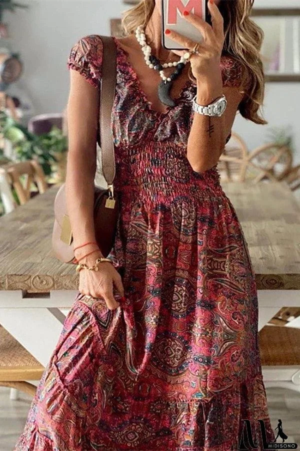 MidiSono - Print V Neck Smocked Maxi Dress