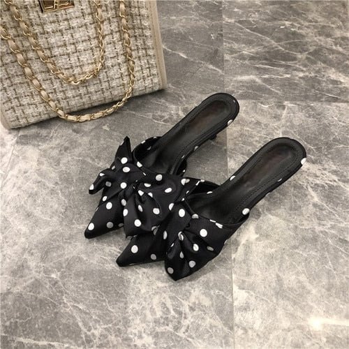2022 New Spring Slippers Women's Korean-Style Pointed Polka Dot Bow Stiletto Mid-Heel Low Heel Slippers Polka Dot Half Slippers