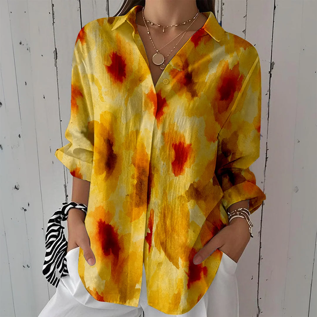 Style & Comfort for Mature Women Women Artistic,Yellow,Red DZCL0254 3/4 Sleeve Shirt Collar Printed Button Tops