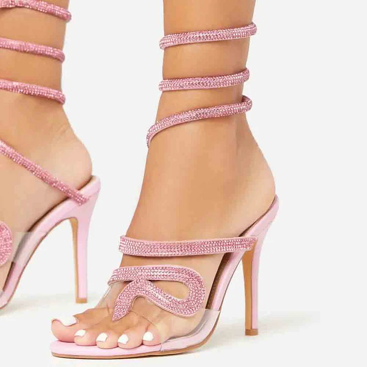 Pink & Clear Open Toe Stiletto Heels Ankle Wrap Rhinestone Sandals |FSJ Shoes