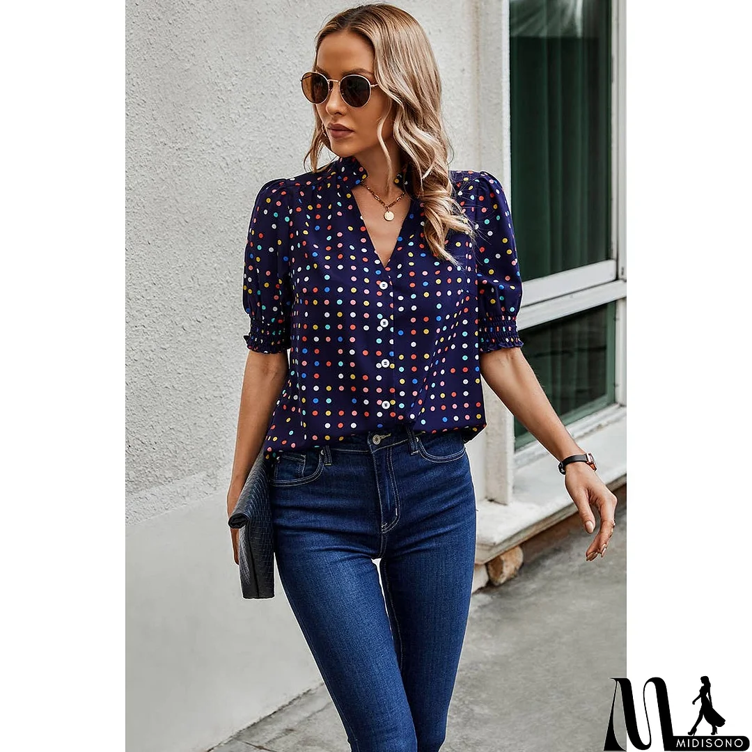 MidiSono - Polka Dot Print Puff Sleeve Button Shirt