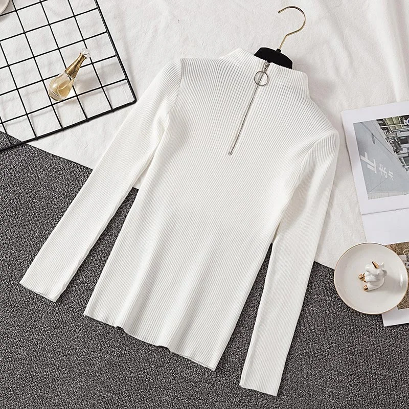 Pullover Women 2020 Fashion Zipper Turtleneck Knitted Sweater Casual Ribbed Knit Winter Tops Woman Sweaters Pullovers Knitwear