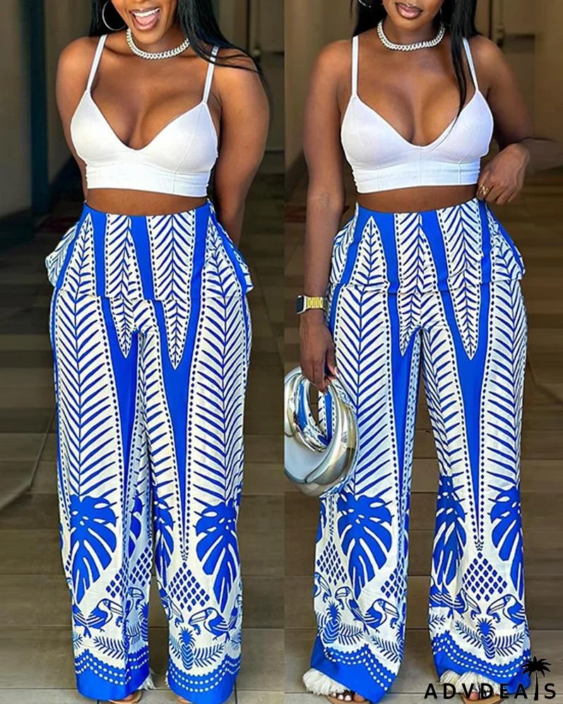 V Neck Cami Top & Tropical Print Wide Leg Pants Set
