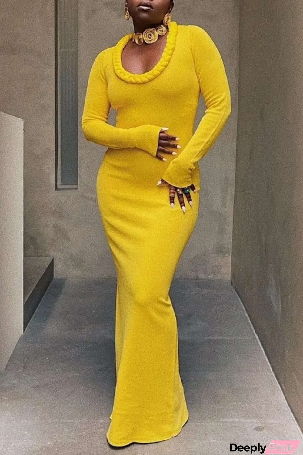Yellow Casual Solid Patchwork O Neck Long Sleeve Dresses