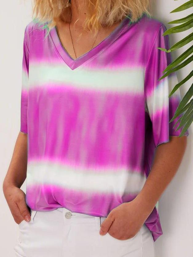 Women Short Sleeve V-neck Colorblock Gradient Top