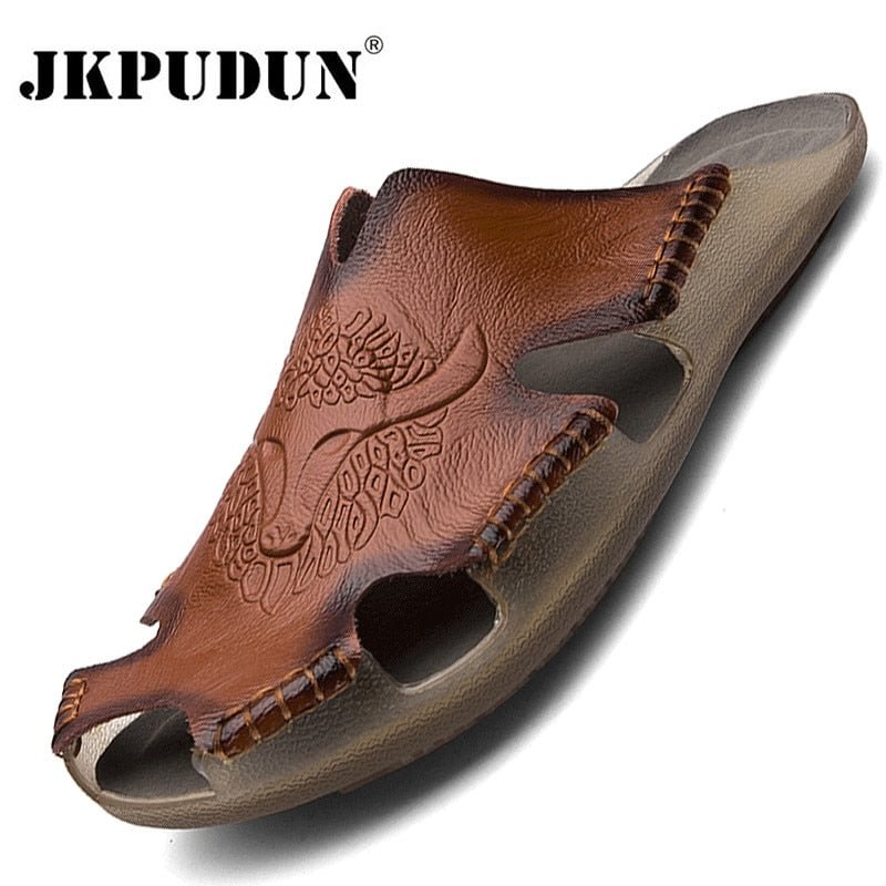 Summer Genuine Leather Men's Sandals Classic Breathable Slip-On Sandals Men Casual Beach Shoes Outdoor Slippers Plus Size 38-48