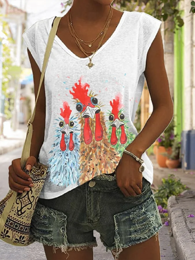 Ladies Funny Rooster printed V-neck tank top