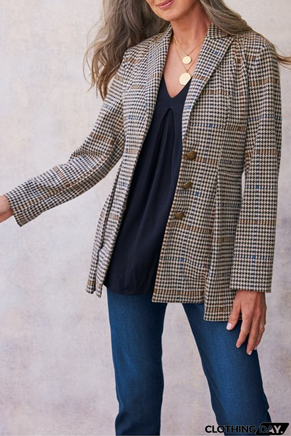 Elegant Plaid Patchwork Buckle Turn-back Collar Outerwear