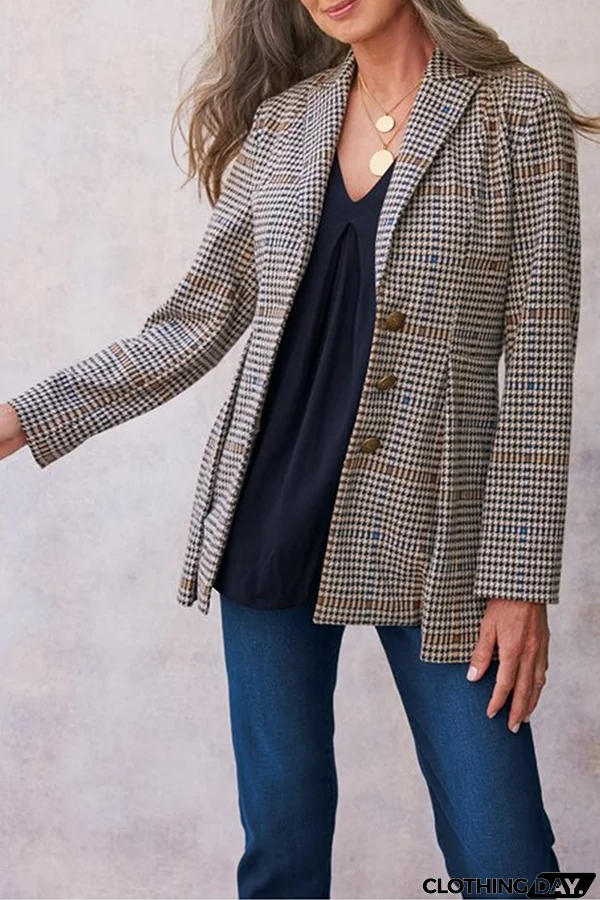 Elegant Plaid Patchwork Buckle Turn-back Collar Outerwear