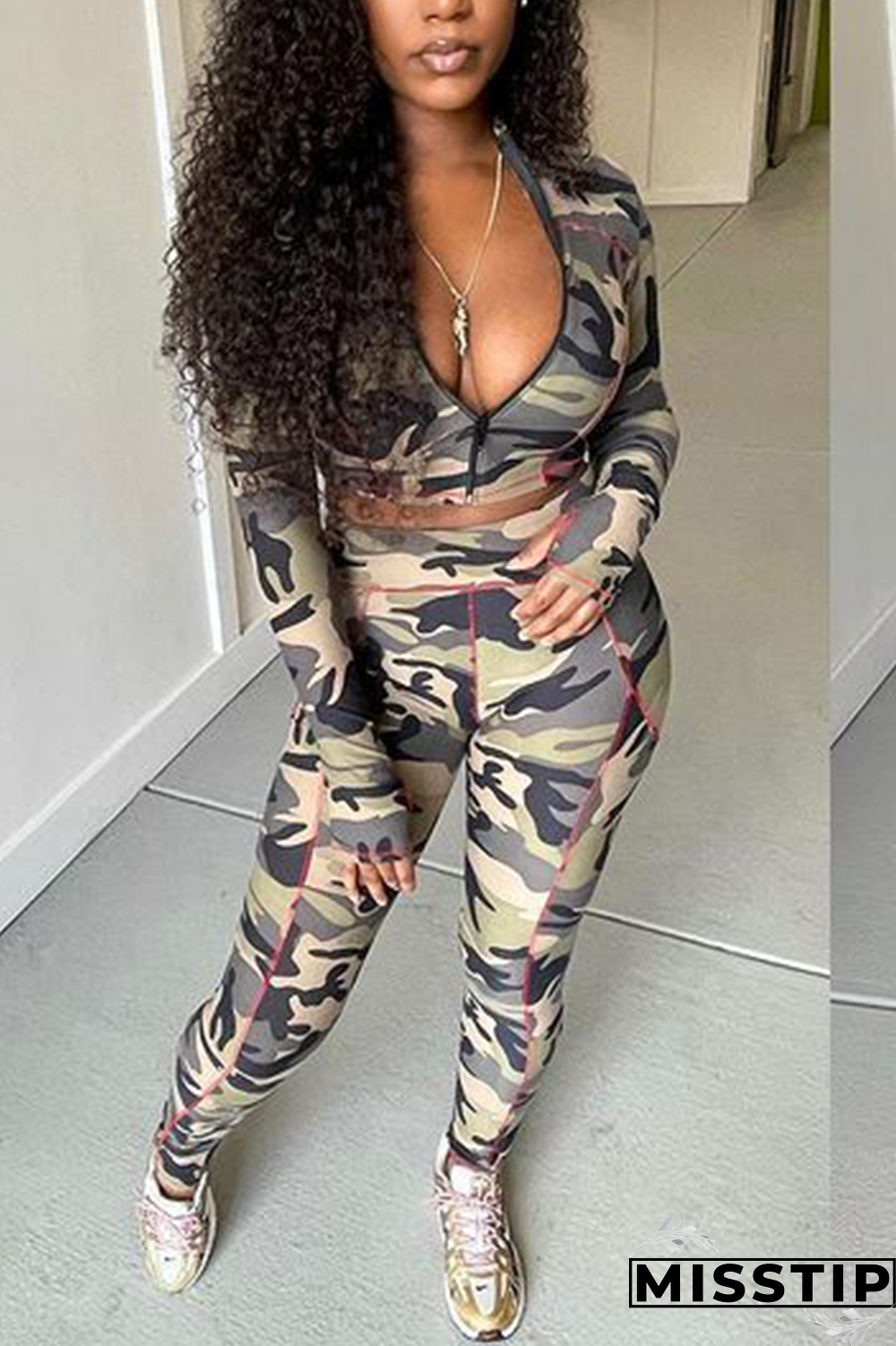 Camouflage Casual Work Street Camouflage Print Patchwork V Neck Long Sleeve Two Pieces