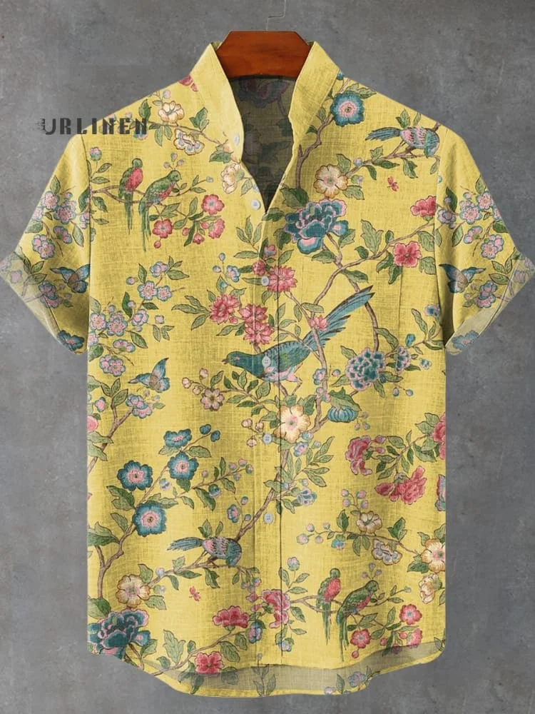 Bird Flower Splicing Vintage Print Casual 100% Cotton Shirt