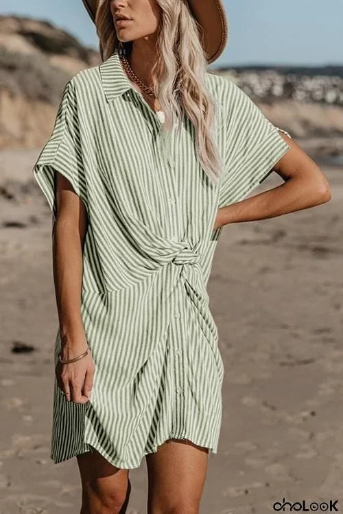 Knot Stripe Shirt Mini Dress