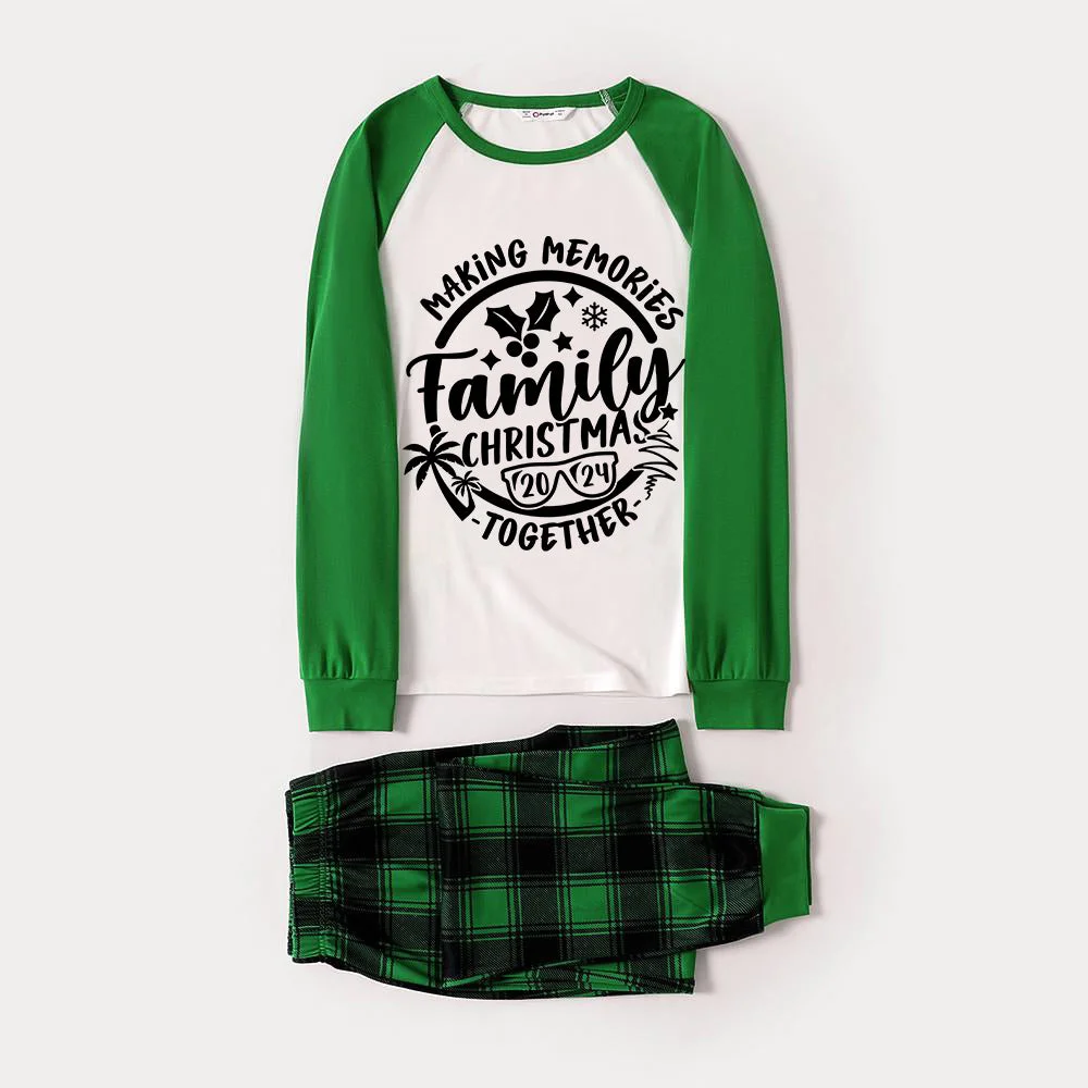 Christmas Make Memories Together 2024 Print Green & Black Plaid Family Matching Pajamas With Dog
