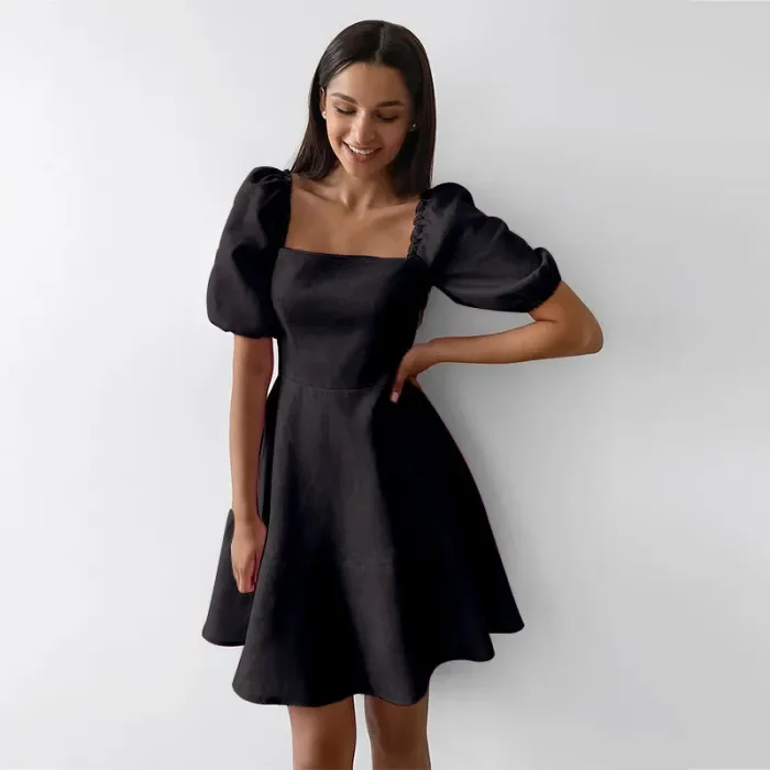 New Solid Color Short-sleeved Square-neck Dress