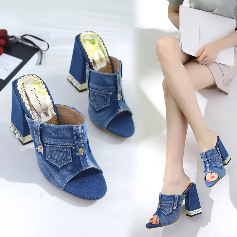 2021 Letclo™ Pearl High Heel Denim Slippers Sandals letclo Letclo