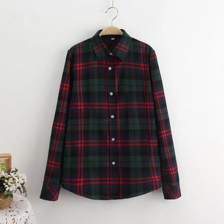Womens Tops And Blouses Casual Button Down Blouses Plaid Shirt Long Sleeve Female Print Cotton Tops Lady Clothes