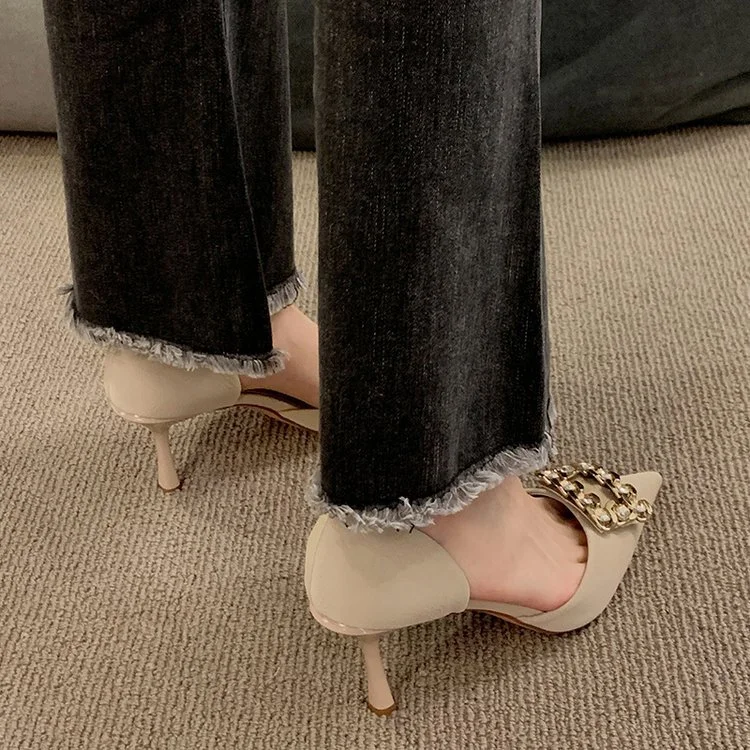 Wongn Wongn 2023 New Korean Version Of Fashion Square Button Metal Buckle Hollow High Heels Single Heel Women's Shoes