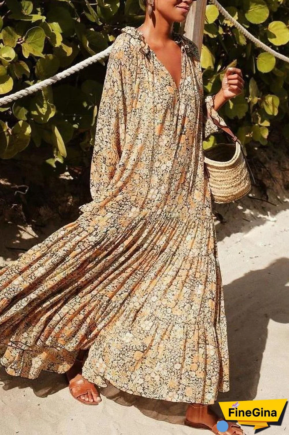 V-Neck Floral Print Long Sleeve Maxi Dress