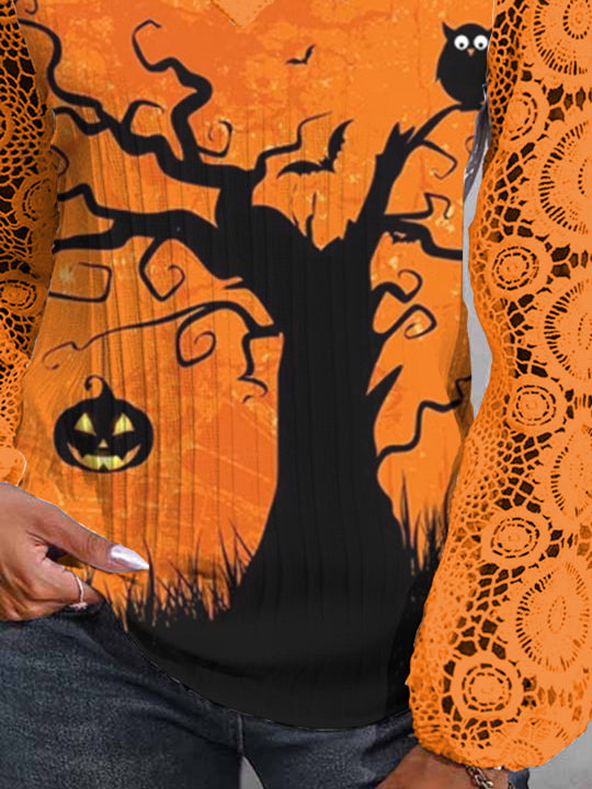 Women Long Sleeve V-neck Printed Graphic Halloween Lace Tops