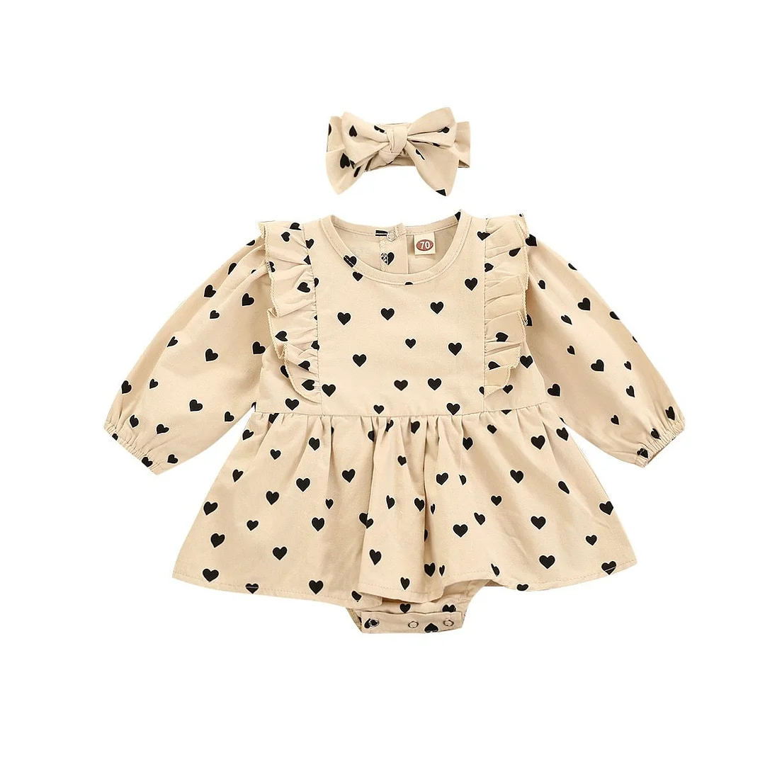 New Born Baby Girl 2-piece Bodysuits Dress Set, Long Sleeve Heart Print Crew Neck Lace Mini Dress and Hairband Spring Autumn