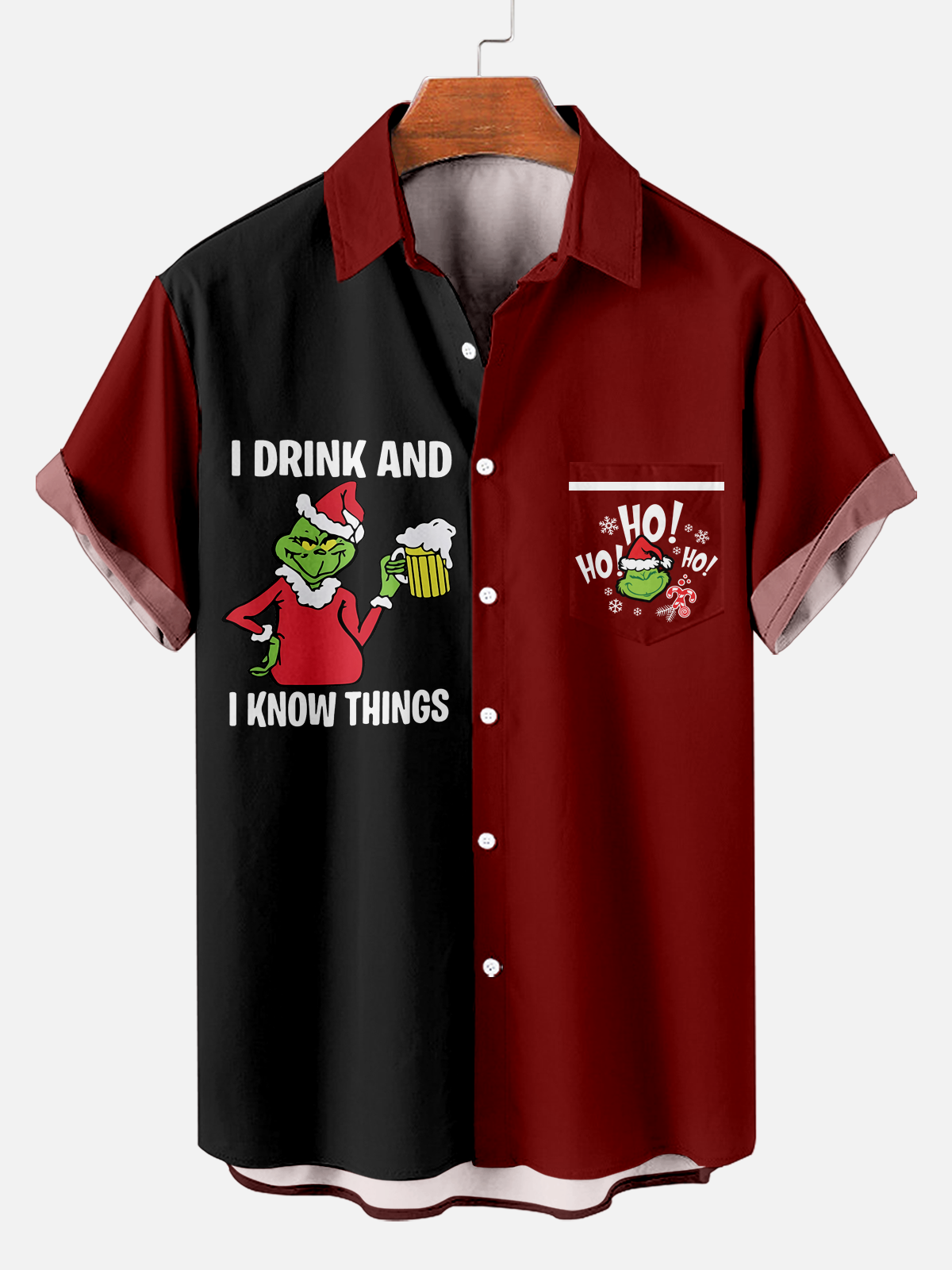 Men's Classic Christmas Character and Beer Print Shirt PLUSCLOTHESMAN