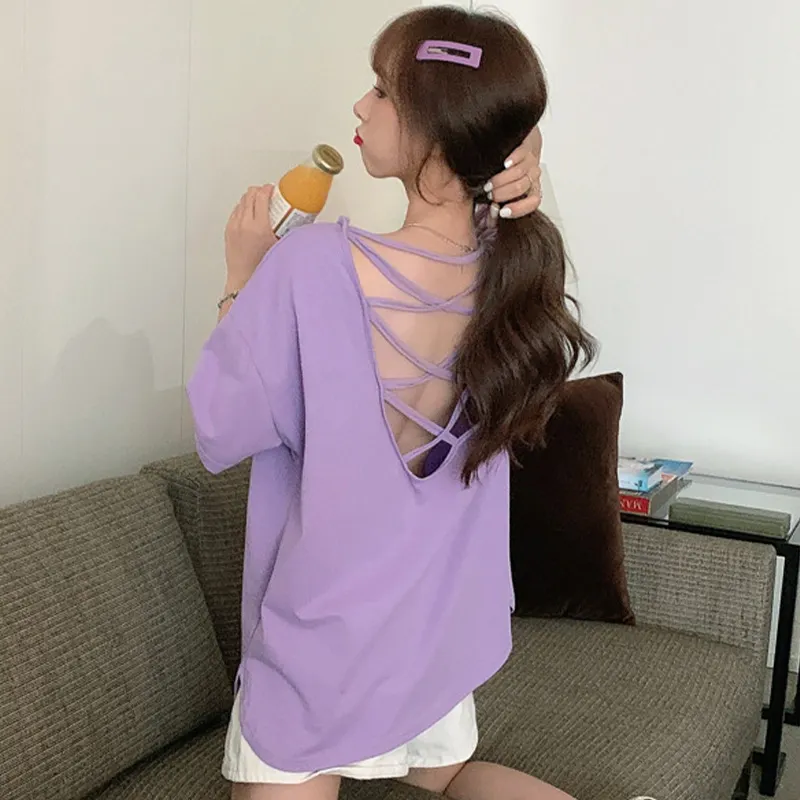 Backless Pure Color Loose T-Shirt