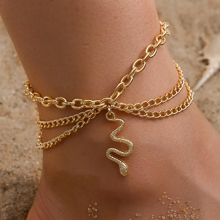 Fashion Ornament Gold Cross Chain Foot Ornaments Tassel Snake Pendant Three-Layer Anklet for Women