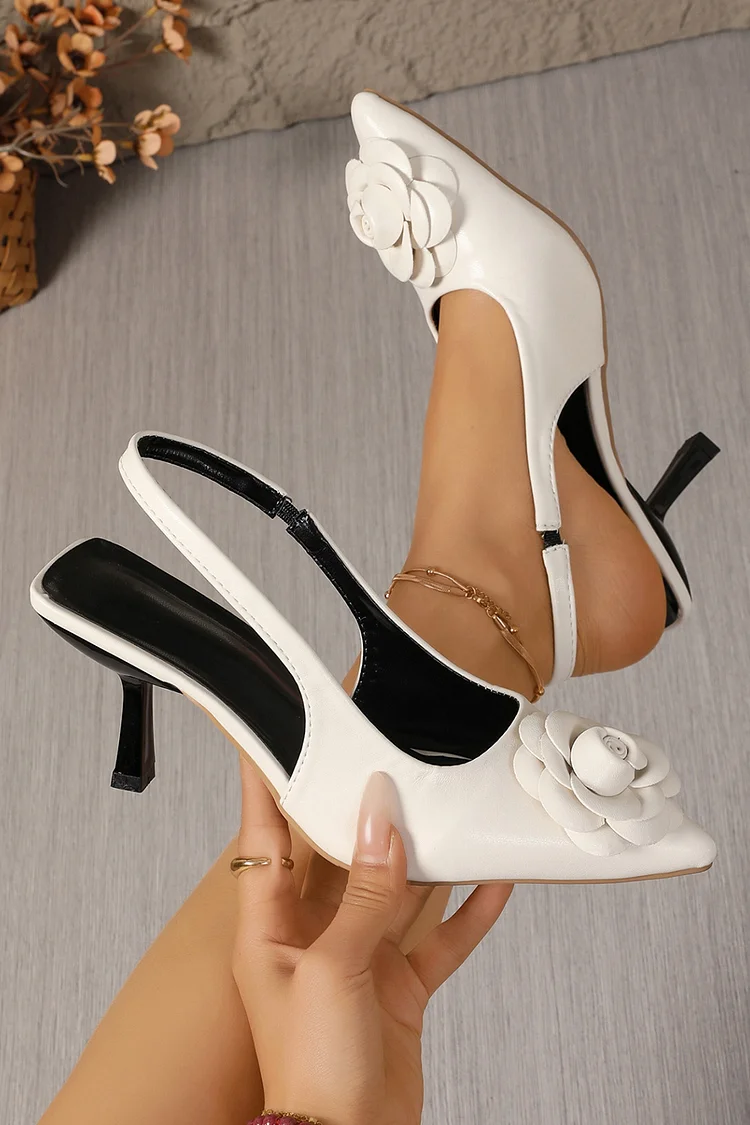 Formal Silver 3D Flower Stiletto Heel Pointed Toe Slingback Sandals 2024 - Xpluswear