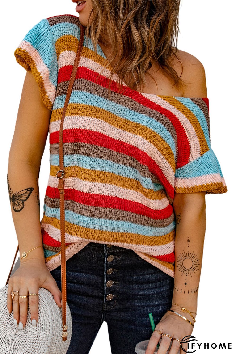 Multi-color Striped Ruffle Short Sleeve Knit Top | IFYHOME