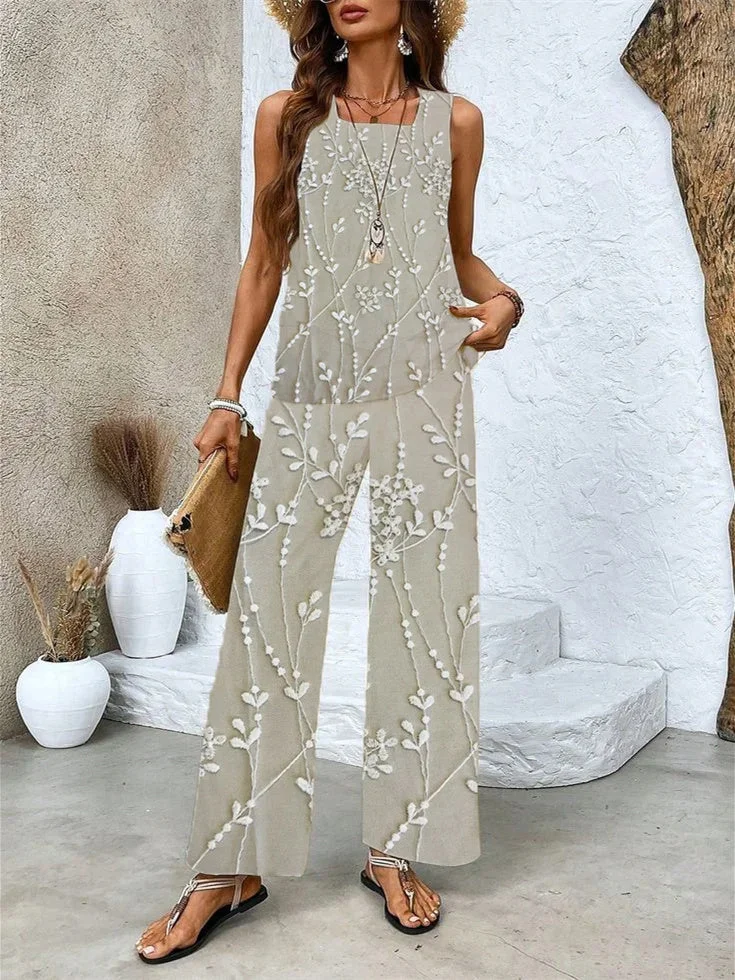 Women's Sleeveless Square Collar Graphic Printed Casual Set