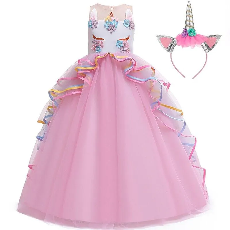 2021 Carnival Cosplay Costume Long Unicorn Dress Girl Kids Dresses For Girls Children Party Dress Birthday Dress Up 10 14 Years