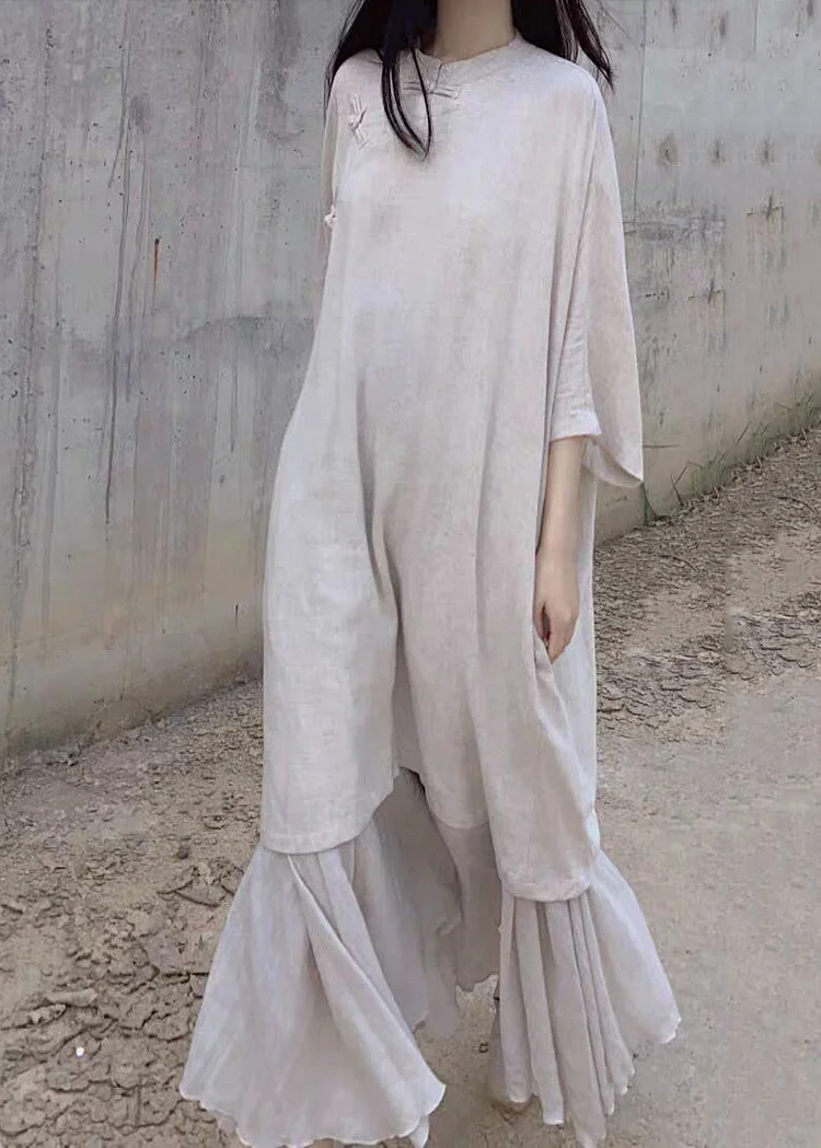 Vintage Beige Stand Collar Oriental Button Linen Long Dress Bracelet Sleeve