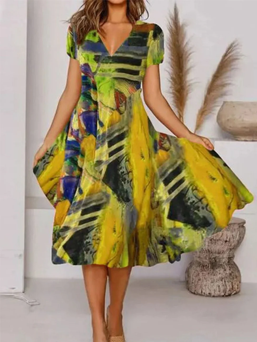 Ueong Ueong Summer Dress Wish Casual V-Neck Large Swing Bohemian Short-Sleeved Dress