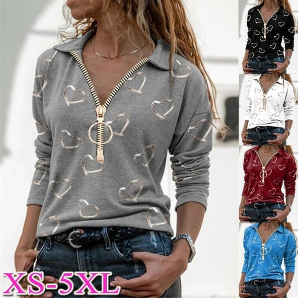 Women Zipper Blouse Spring and Autumn Fashion Heart Print Cotton Casual Long Sleeve T-shirt Plus Size V-neck Top S-5XL - Shop Trendy Women's Fashion | TeeYours