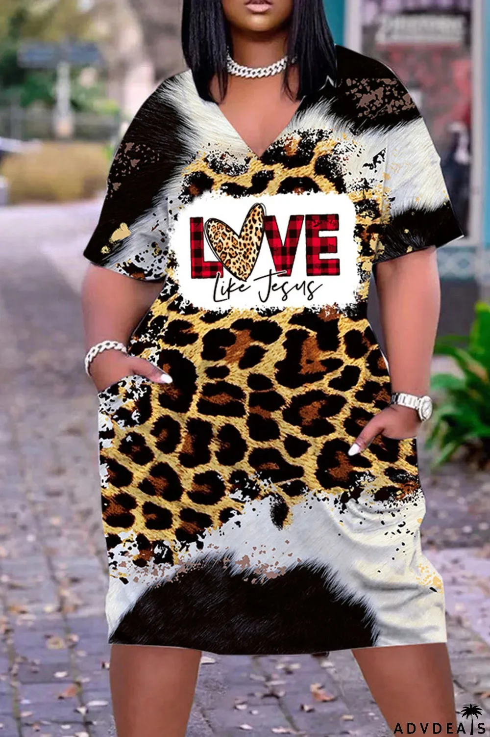 Light Brown Casual Work Print Patchwork V Neck Straight Dresses