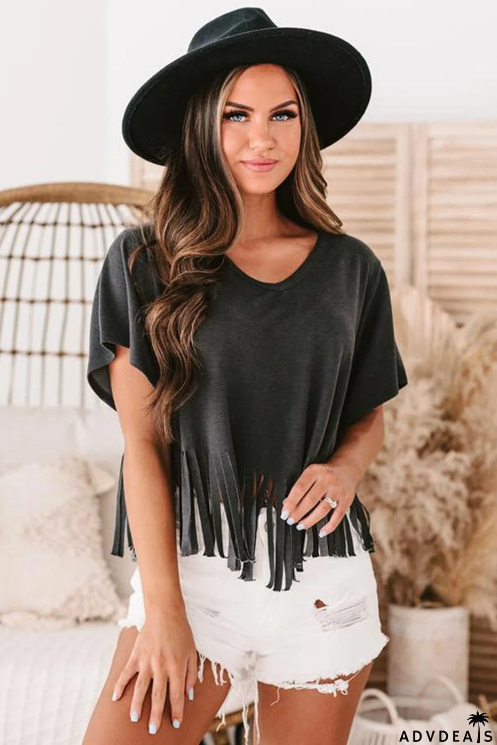 Fringe Hem V Neck T Shirt