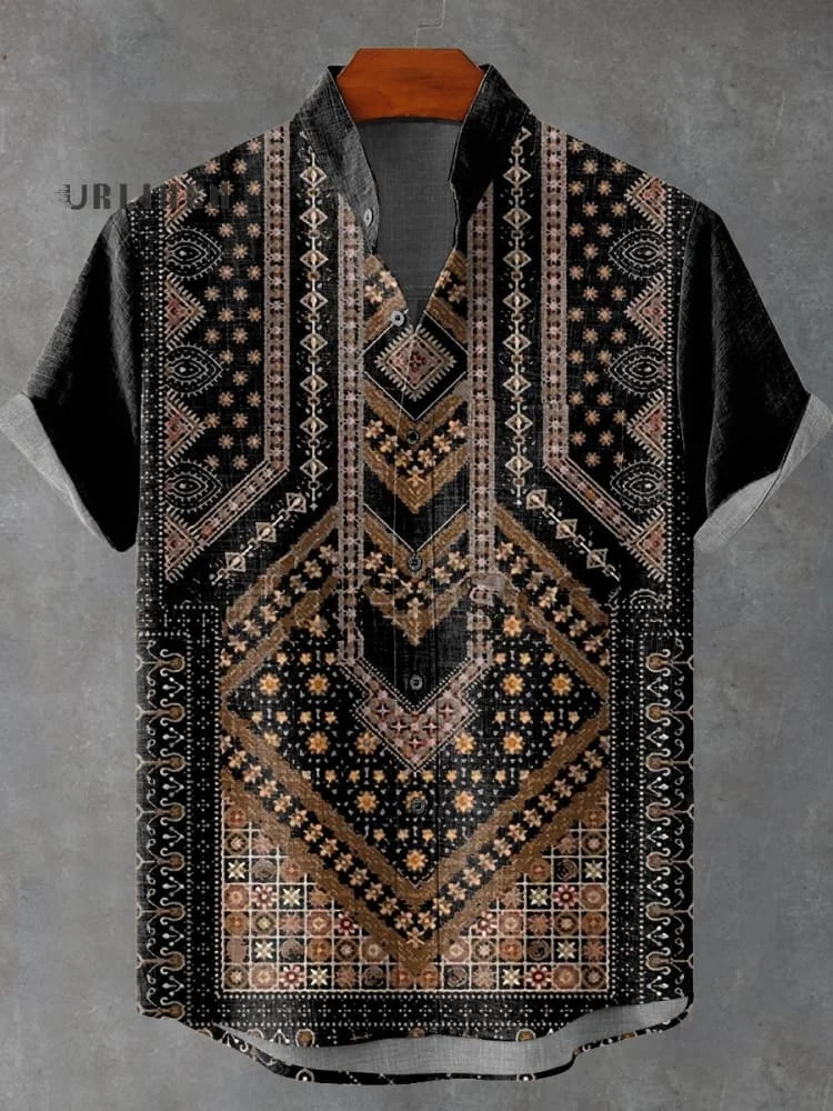Retro Mosaic Decorative Pattern Casual 100% Cotton Shirt