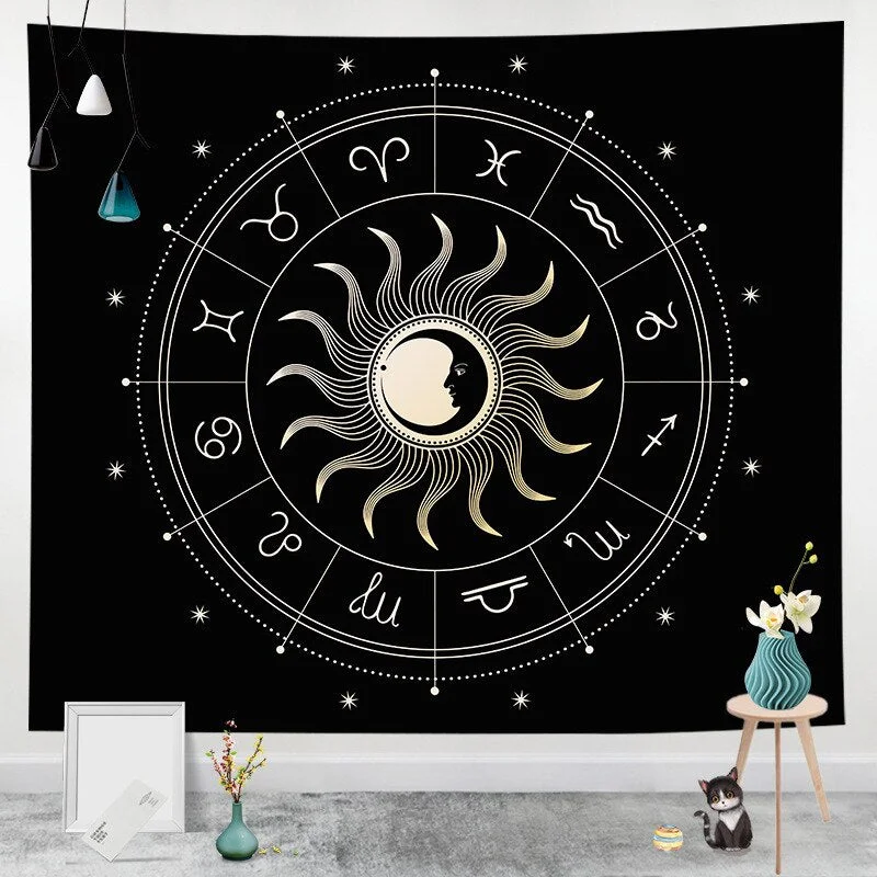 Sun Moon Mandala witchcraft Tapestry White Black Wall Hanging Bohemian Gypsy Psychedelic Tapiz Witchcraft Astrology Tapestry
