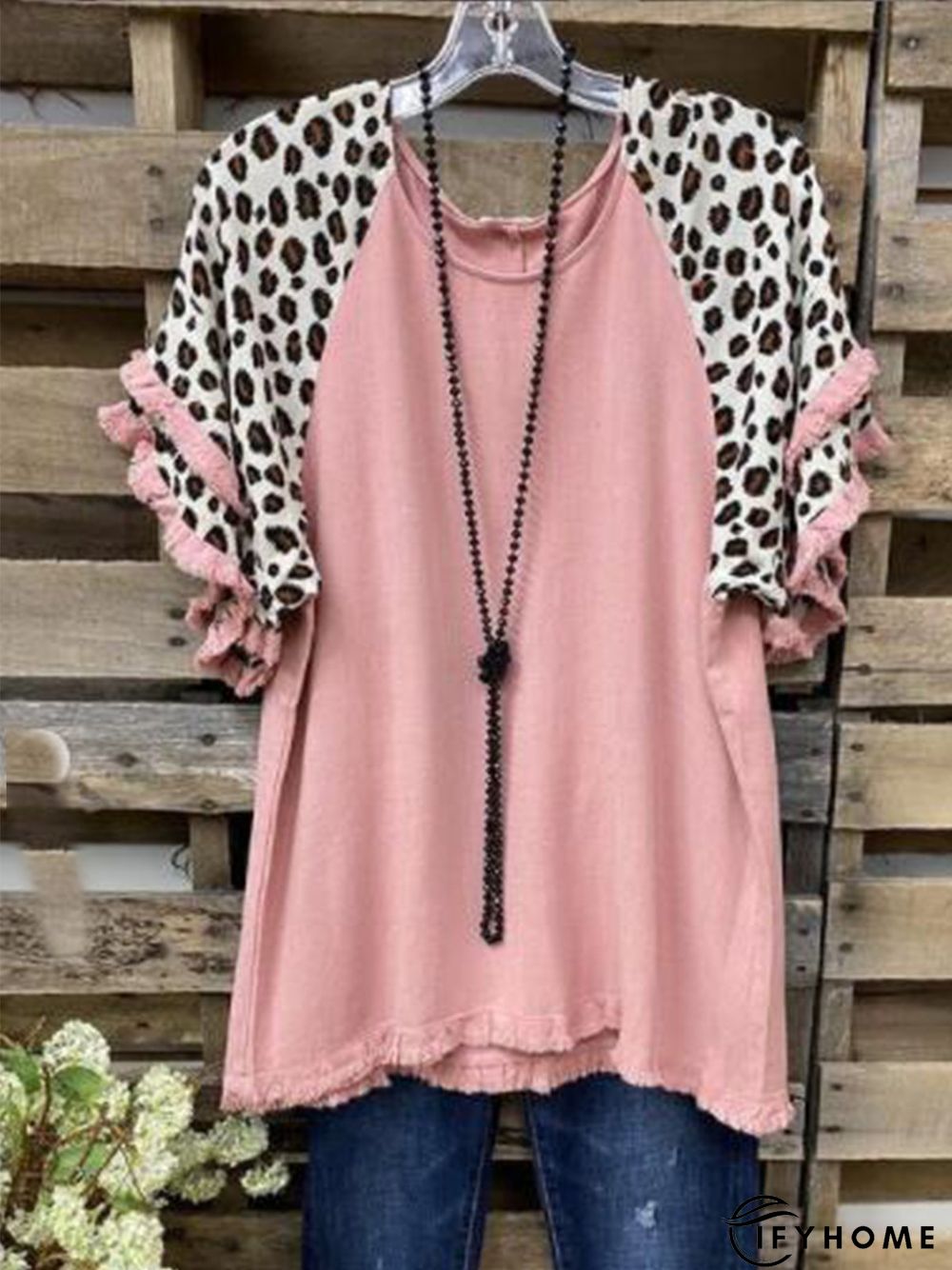 Casual Round Neck Leopard Cotton-Blend T-shirt | IFYHOME