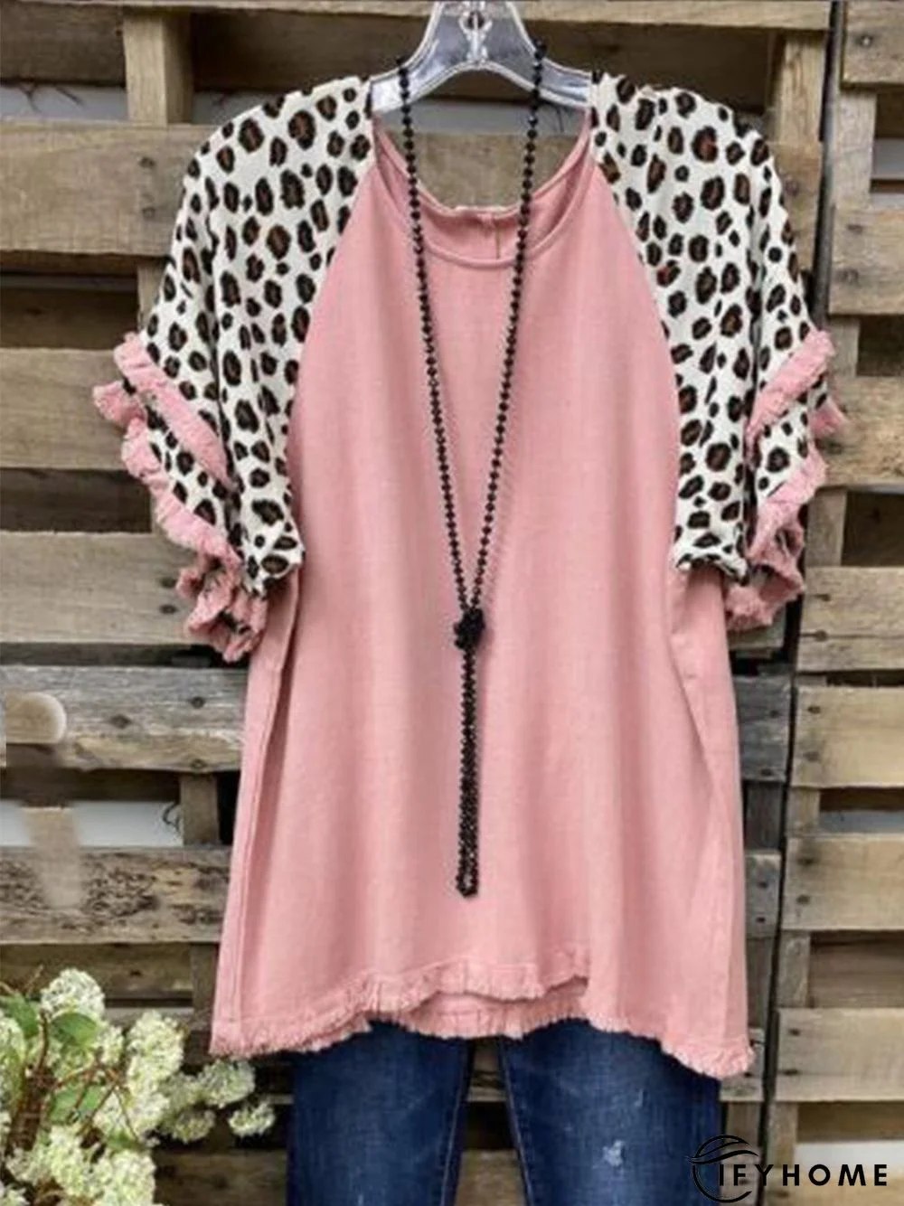 Casual Round Neck Leopard Cotton-Blend T-shirt | IFYHOME