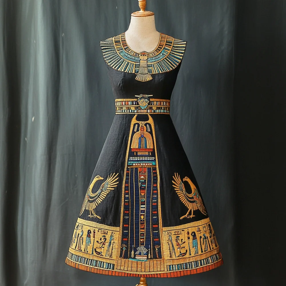Egyptian Gods Art Women's Linen Vest Midi Dress