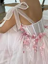 Light Pale Baby Pink 3D Flower Prom Dress A Line Sweetheart Ball Gown Formal Evening Wear Robe Tulle Ribbon Straps Bridesmaids Dresses