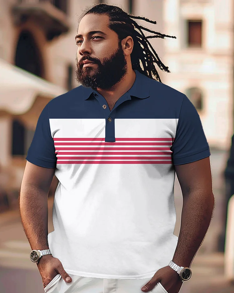 Horizontal Stripe Personalized Print Large Black Men's Polo T-shirt