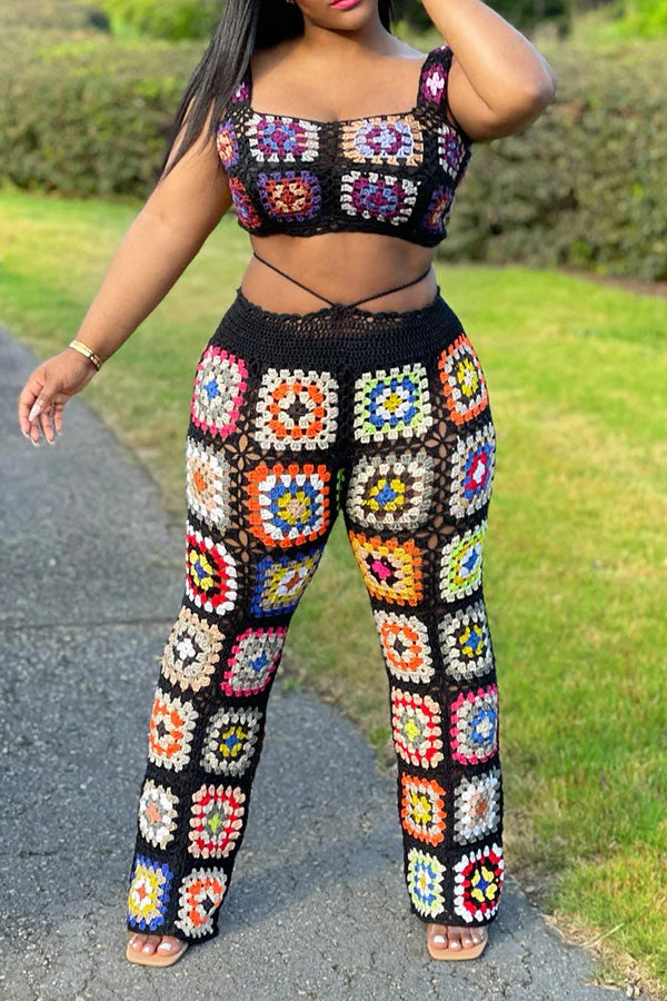 Colorful Flower Pattern Retro Crochet Pants