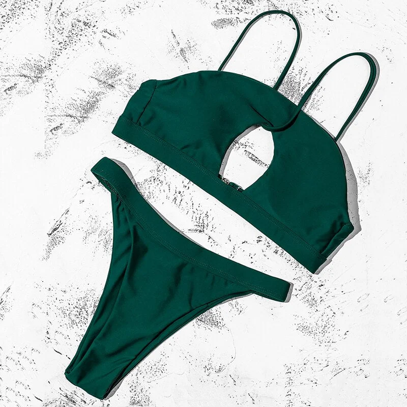 ZTVitality Sexy Bikinis Solid Green Bikini 2021 Hot Sale Padded Bra Hollow Out Low Waist Swimsuit Female Swimwear Women Biquini