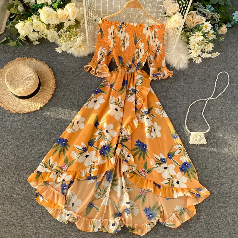 2021 Summer New Seaside Holiday Style Floral Long Dress Goddess Slash Neck High Waist Was Thin Irregular Ruffled Dress ML851